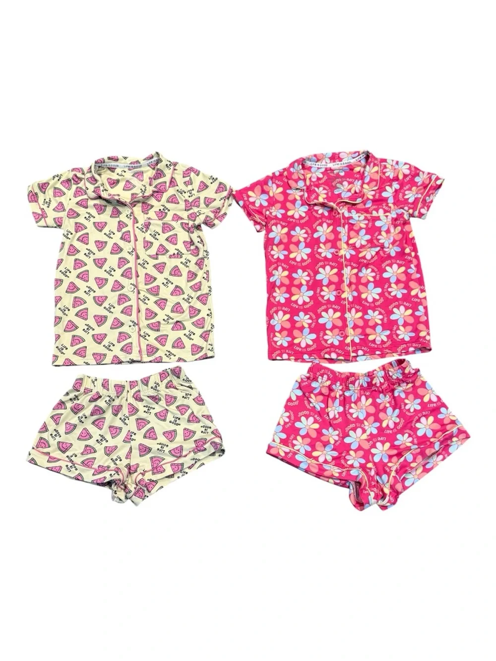 Kids Short Sleeve Pajama Set - Pink & Cream Floral and Watermelon Prints
